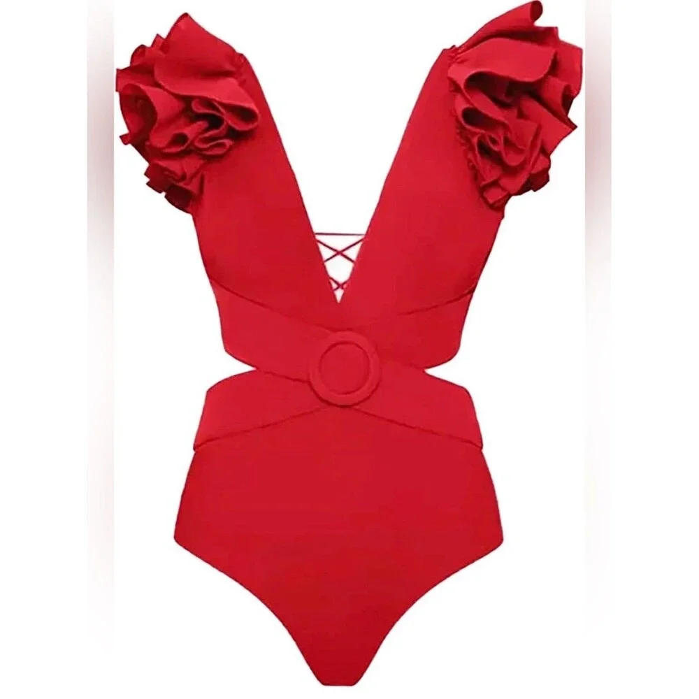 Red Ruffle Shoulder Cutout One-Piece Swimsuit NEW Medium